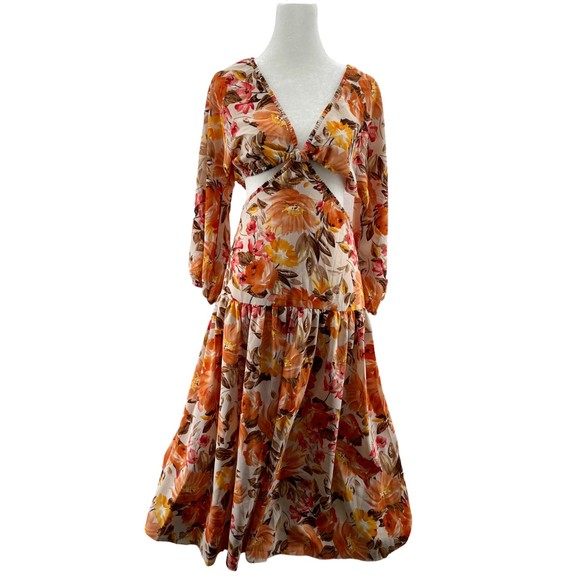 Hello Molly Midi Dress Size S Don't Stop Me Floral Orange Cut Out Long Sleeve - Picture 3 of 10